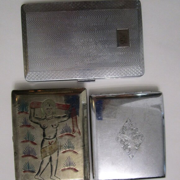 3 Metal Cigarette Card Cases Silverplate Vintage India Yoga Bollywood England - Picture 10 of 10